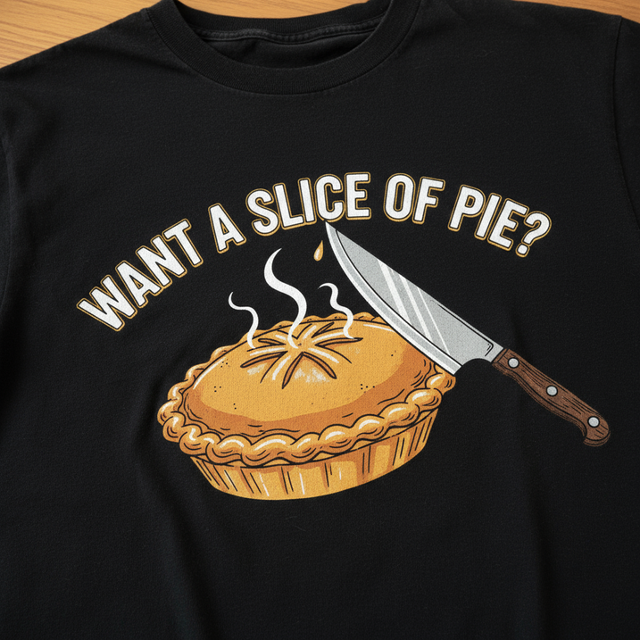 Black t-shirt reading 'Want a slice of pie?' with a pie and knife print